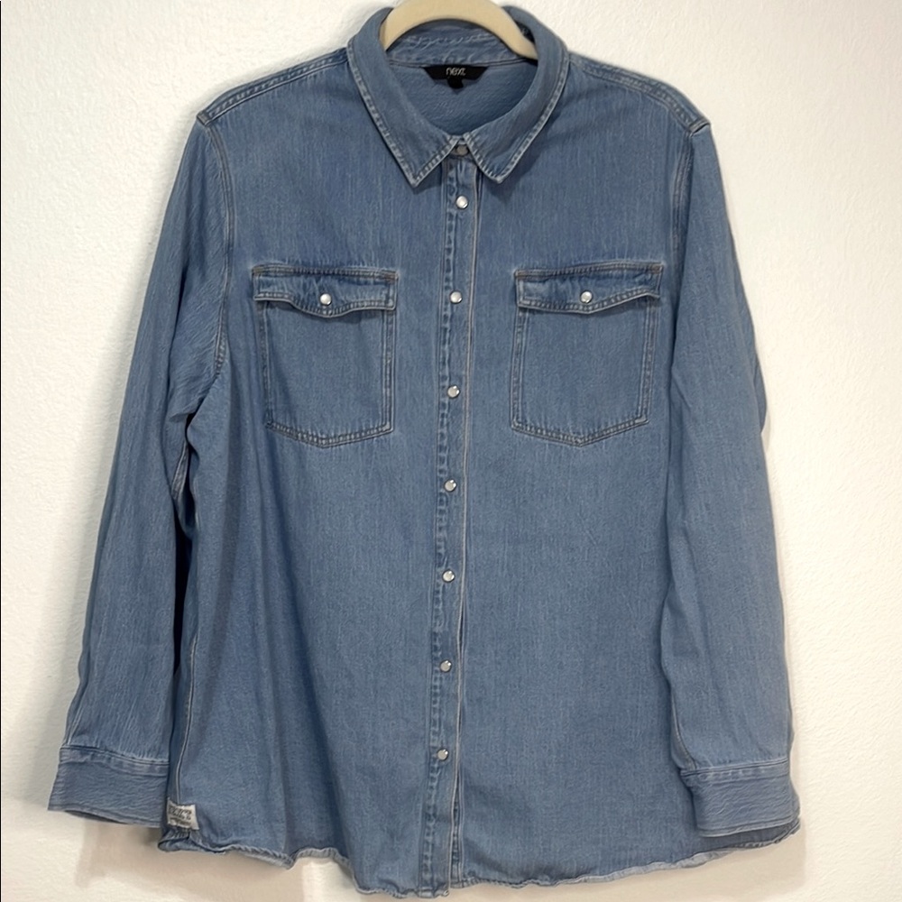 Next Blue Denim Snap Button Down Shirt Size XL PTP 25” EUC